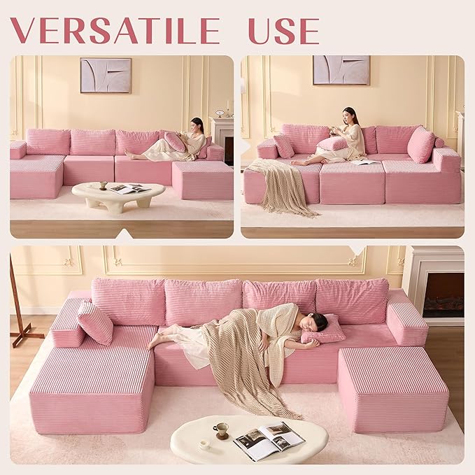 138" Boneless Couch with Deep Seat, Modular Sectional Sofa, Cloud Sectional Couch for Living Room, No Assembly Required, Corduroy, U-Shape 4 Seater Left, Pink