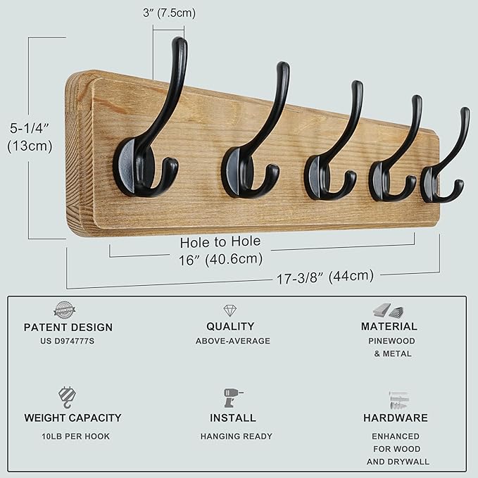 Dseap Coat Rack Wall: Patented, Heavy-Duty, 17.4" Long 5-Double-Hooks Wooden Wall Mounted Coat Rack Coat Hanger Hook Rail for Winter Coats Hat Jacket Clothing, White & Black