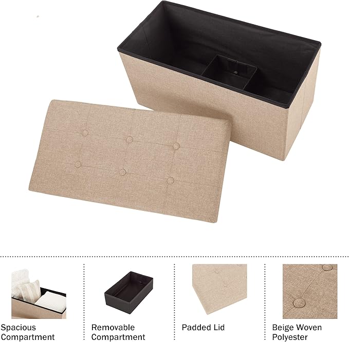 Lavish Home Ottoman Set of 2 - Ottoman Foot Rest, Linen Chest, or Storage Bench Set - 30in Ottomans for Living Room, Bedroom, Dorm Storage (Beige)