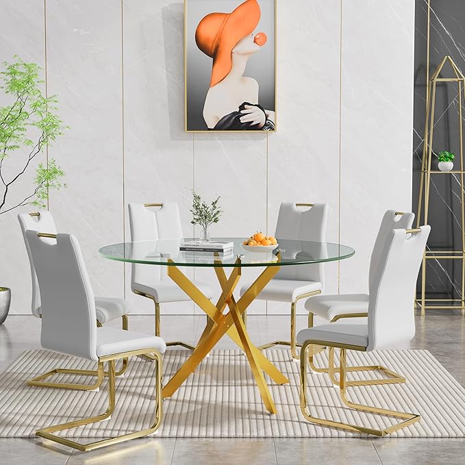 Goujxcy Round Dining Table Set for 6, Modern Glass Kitchen Table and Chairs Set of 6, 7 Piece Dining Room Table Set with 47" Circle Gold Metal Glass Dinner Table and 6 White Leather Dining Chairs