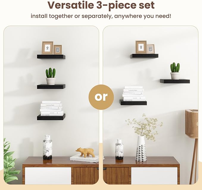 Fun Memories Floating Shelves for Wall - 7.5 Inch Square Shelves with Invisible Brackets, Black Small Wall Shelf for Living Room, Bathroom, Bedroom, and Kitchen Decor，Set of 4