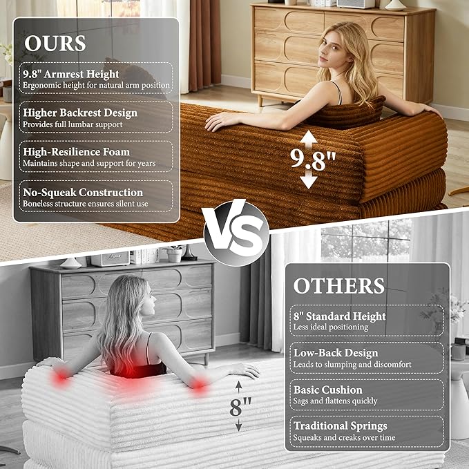 Boneless Couch Sofa Bed Sectional Couches for Living Room,Futon Cloud Couch with Sleeper Sofa,Sofas for Living Room Oversized Corduroy Upholstered (Orange)