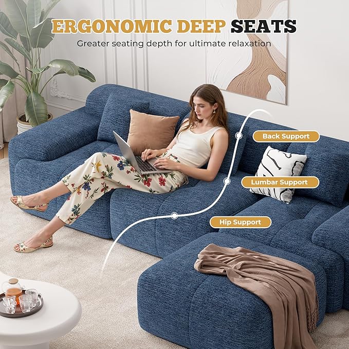 158" Modern U Shaped Modular Sectional Sofa, Boneless Couches for Living Room with Ottoman,6 Seater Convertible Chenille Cloud Couch Sofa Set, No Assembly Required, Blue 1 PCS