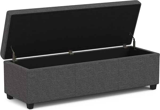 SIMPLIHOME Avalon 54 inch Wide Contemporary Rectangle Extra Large Storage Ottoman Bench in Slate Grey Polyester linen fabric, Assembled, For the Living Room, Entryway and Family Room
