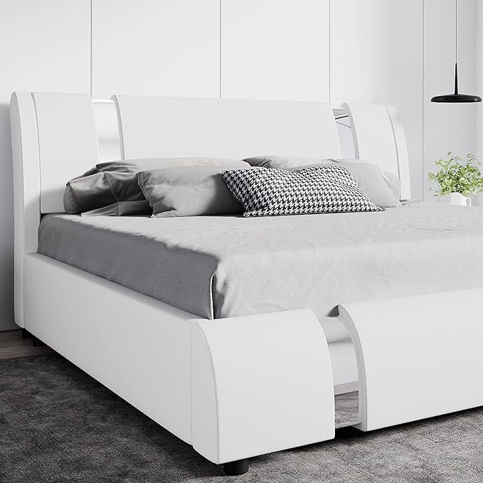SHA CERLIN King Size Bed Frame with Iron Pieces Decor and Adjustable Headboard/Deluxe Upholstered Modern Platform Bed with Solid Wooden Slats Support/No Box Spring Needed, White