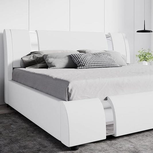 SHA CERLIN King Size Bed Frame with Iron Pieces Decor and Adjustable Headboard/Deluxe Upholstered Modern Platform Bed with Solid Wooden Slats Support/No Box Spring Needed, White