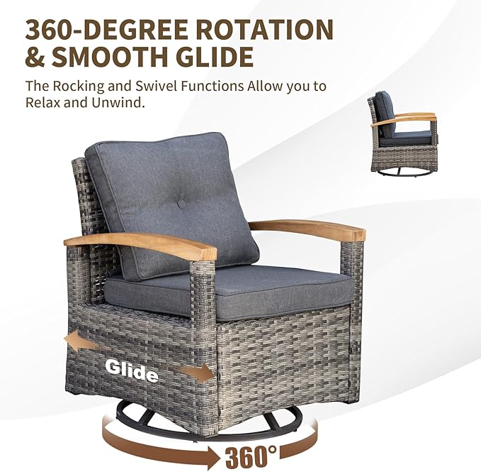 MEISSALIVVE Patio Furniture Sets, 7 Pieces Outdoor Rattan Furniture Conversation Sets with 2 Wood Armrests Swivel Rocker Chairs, 2 Ottoman, 3-Seat Sofa, 2-Seat Sofa and Coffee Table(Grey)