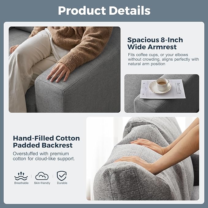 ABCASA 112" Convertible Sectional Sofa, Large L Shaped Couch with Detachable Sofa Cover, Modular Couch for Living Room, Breathable Linen Fabric Corner Sofa for Apartment, Grey