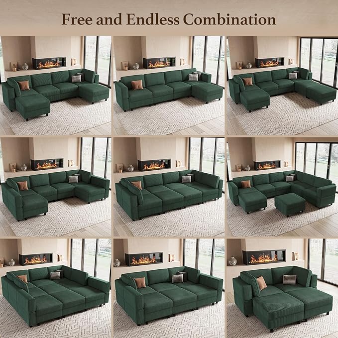 114.2" U Shaped Sectional Sofa,6 Seat Corduroy Couch,Comfy Modular Sectional Sofa with Storage Movable Ottoman Chaise,Upholstered Sectional Couches for Living Room,Green