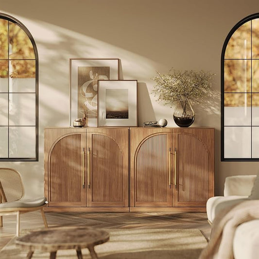 BELLEZE Set of 2 Modular Sideboard with Double-Arc Wood Doors, Small Arched Buffet Cabinet with Storage and Adjustable Shelves, Classic Modern Credenza for Dining Room, Living Room or Entryway(Camel)