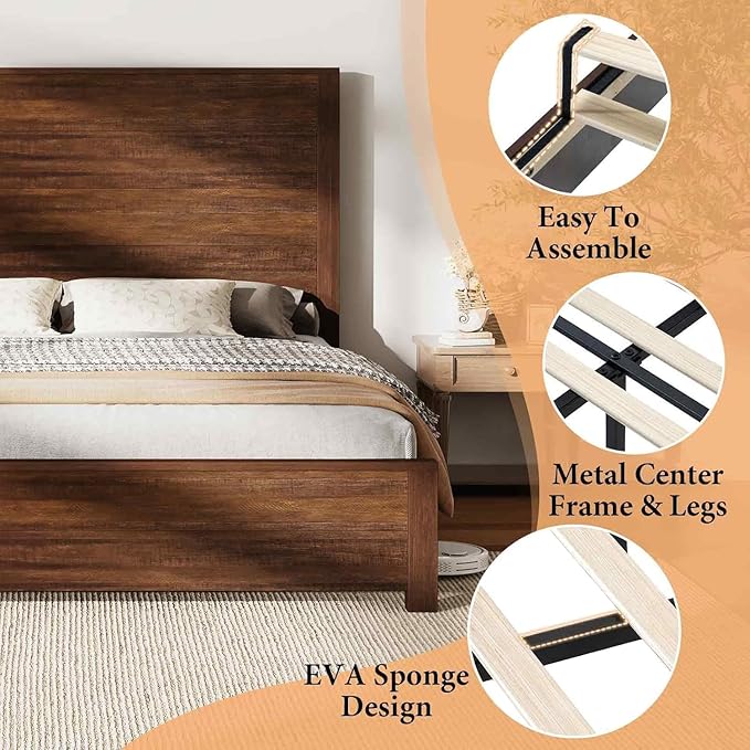 AMERLIFE Queen Size 51.2" Wood Bed Frame, Rustic Platform Bed with Spliced Headboard, No Box Spring Needed/Wood Slats Support/Noiseless/Reclaimed Barnwood