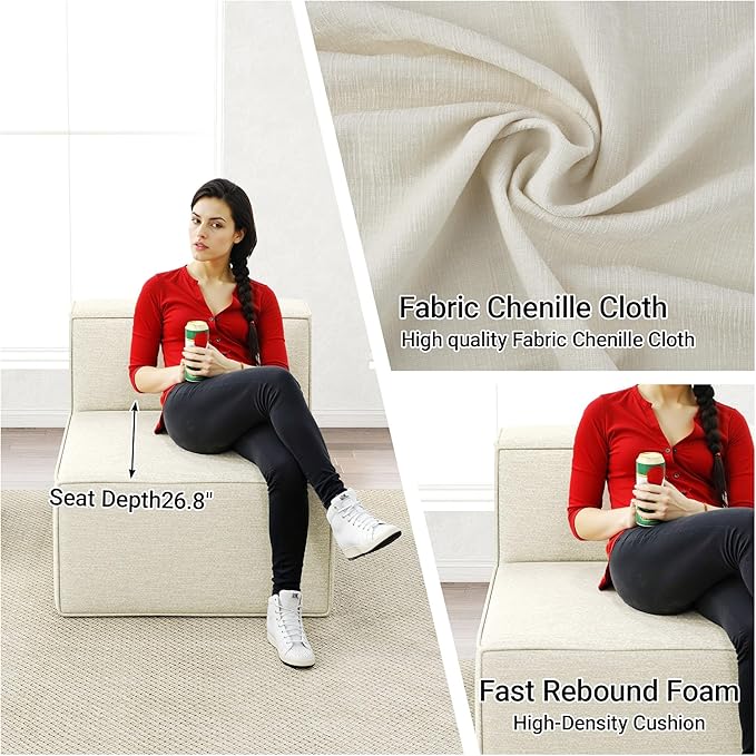 38“ Modular Sectional Sofa Convertible Cube Thick Couch Seat Set, Combine L-Shaped U-Shaped, Free Assembly, Space-Saving for Living Room, Fabric Chenille Beige White (Only Armless)