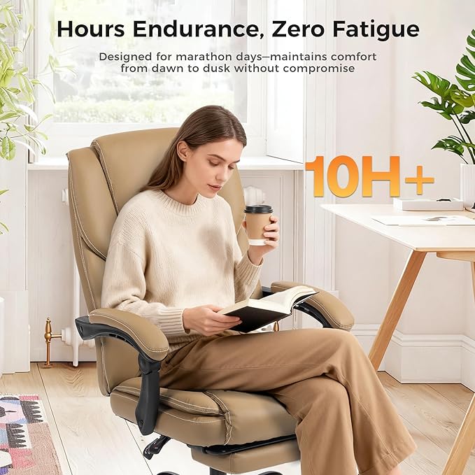 Office Chair with Footrest, Executive Breathable Leather Office Desk Chair with Lumbar Support - Ergonomic Comfy Wide Reclining Swivel Rolling Gaming Computer Chair with Adjustable 90-135° High Back