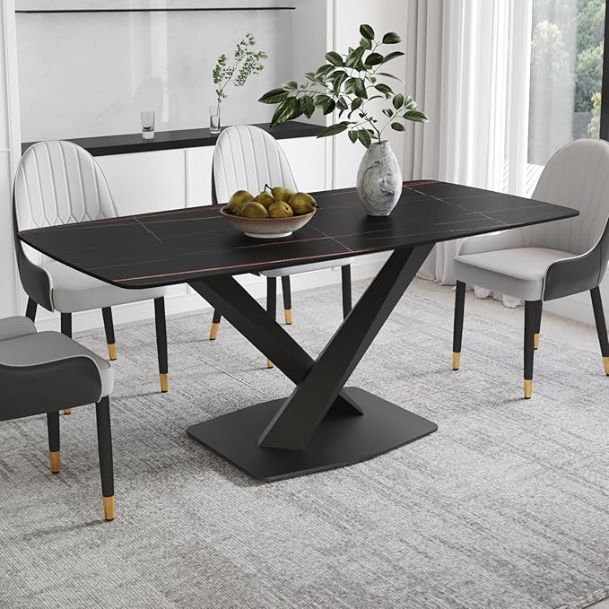 Modern Rectangle Marble Dining Table for 6,63" Black Marble Sintered Stone Top Dining Table,Rectangle Marble Dining Room Table with X-Shape Carbon Steel Pedestal for Kitchen/Living Room(Table Only)