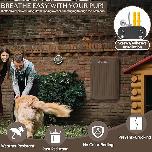 PAWZIDEA Wall Mount Dog Poop Trash Can Outside, 2.1 Gallon Small Dog Waste Bin with Lid, Activated Carbon Odor Control, Waterproof Metal Pet Waste Disposal Container, Fence Hang Poop Proof Garbage Can