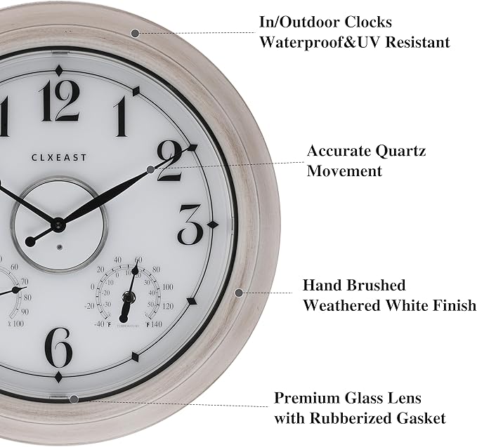 CLXEAST 18 Inch Illuminated Outdoor Clock with AI Smart Sensor, Large Farmhouse Wall Clock with Temperature & Humidity,Weathered White Finish,Unique House Warming Gifts