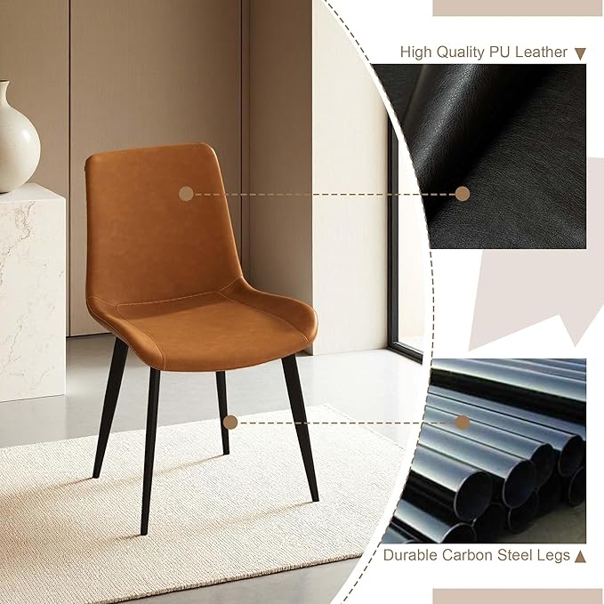 Dining Chairs with Comfortable Backrest and Sturdy Metal Legs, Modern Upholstered PU Leather Kitchen & Office Chairs for Dining Room, Restaurant Or Living Room (Brown, 8-Set)