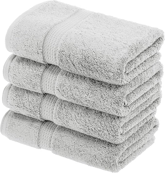 Superior Egyptian Cotton Pile Hand Towel Set of 4, Ultra Soft Luxury Towels, Thick Plush Essentials, Absorbent Heavyweight, Guest Bath, Hotel, Spa, Home Bathroom, Shower Basics, Silver