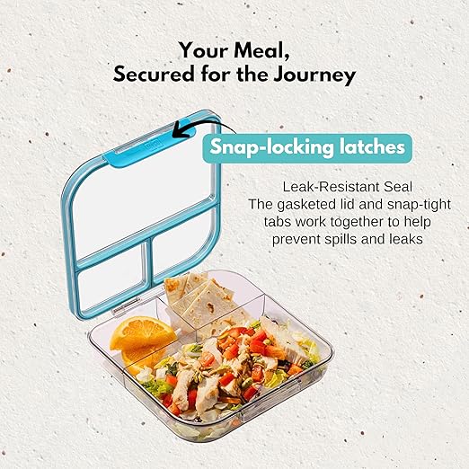 MyGo Pro Square Container, 3-Compartment Clear Heavy Duty Plastic Food Storage Container, Portable Sleek Design, Spill-Resistant with Removable Gasket, 7.25" L X 7.25" W X 2" H