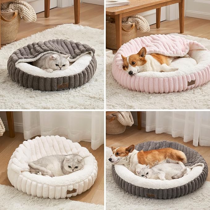 Small Dog Bed with Hooded Blanket, Round Fluffy Anti-Anxiety Pet Bed for Small Dogs & Medium Dogs, Cozy Donut Cuddler with Machine Washable Faux Fur & Anti-Slip Bottom(26"×26"×7",Grey)