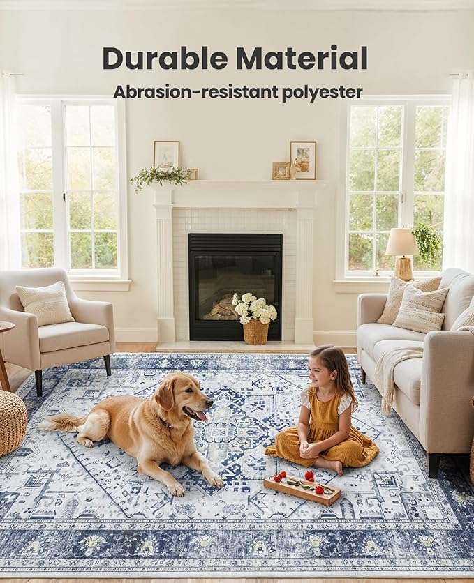 AMADA HOMEFURNISHING 8x10 Area Rugs, Low-Profile Large Washable Area Rug with Non-Slip Backing & Durable Edge Binding, Vintage Rugs for Living Room, Bedroom, Dinning Room