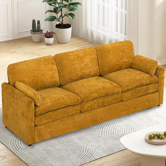 89” Chenille Sofa w/Arm Pillows, Upholstered 3-Seater Sofa w/Comfortable Back Cushions, Modern 3 Seats Couch w/High-Density Foam for Living Room, Apartment, Office, Yellow