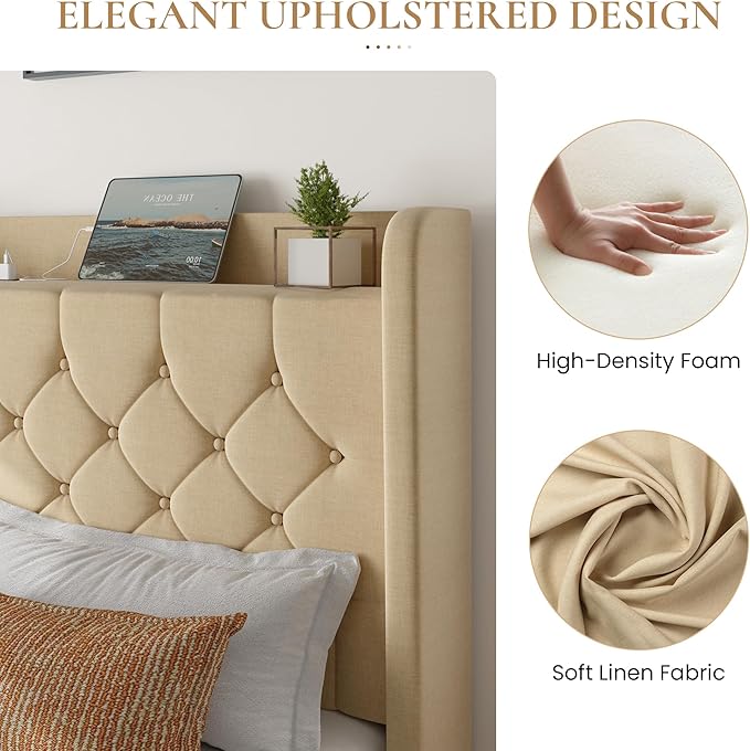 SHA CERLIN Full Size Platform Bed Frame with Charging Station, Velvet Wingback Headboard with Storage Shelf, Wooden Slats Support, Ample Under-Bed Space, No Box Spring Needed, Easy Assembly, Beige