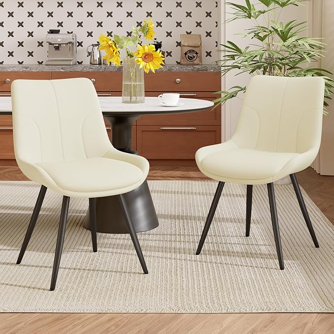Upholstered Dining Chairs Set of 2, Modern Faux Leather Dining Room Chairs with Thick Cushion and Metal Legs, Kitchen Chairs with Back for Dining Room, Cream