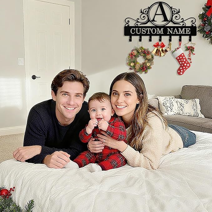 Personalized Key Holder Wall Mount, Custom Metal Keys Hanger for Wall with Name, Name Background Letter Theme Key Rack Holder with Hooks for Home, Entryway, Front Door, Living Room, Kitchen, Bathroom