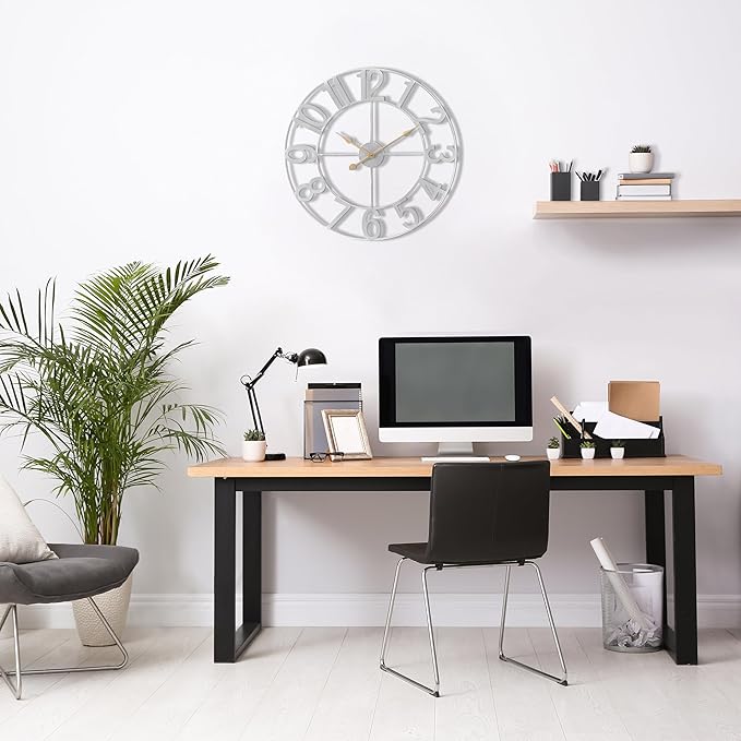 Sorbus 16-Inch Large Wall Clock – Decorative Silver Metal Clock with Gold Hands – Silent, Battery Operated, Modern Wall Decor for Living Room, Kitchen, or Office, Great Gift for Housewarming or Office