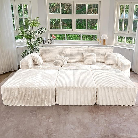 113" Modular Sectional Sofa Bed, Convertible Cloud Couches for Living Room with Ottoman, 6 Seater Corduroy Boneless Couch Sleeper Sofa Set, No Assembly Required, Beige 1 PCS