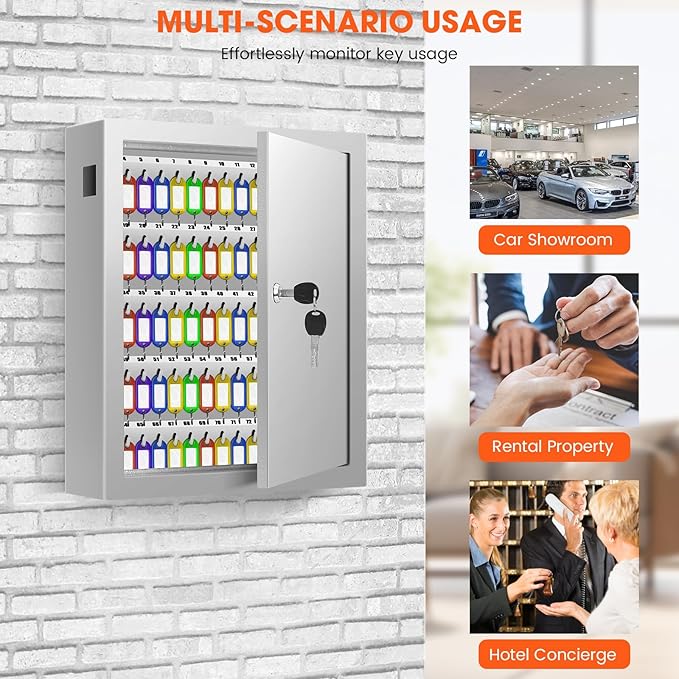 125 Key Lock Box Wall Mount with Anti-Theft Deposit Key Slot, White Key Cabinet with Key Hooks & 125 Tags Key Labels, Key Safe for Hotels & Office & Companies & Car Dealerships