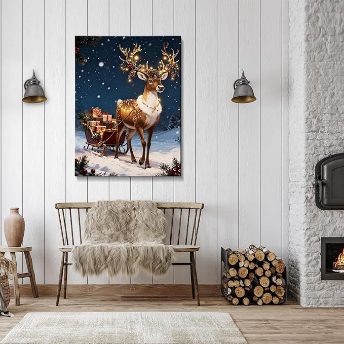 AbcCustomize Vintage Reindeer & Gift Boxes Christmas Wall Art - Snowy Holiday Scene Canvas Print with Festive Lights, Rustic Winter Decor for Room, Perfect Christmas Gifts & Holiday Decorations
