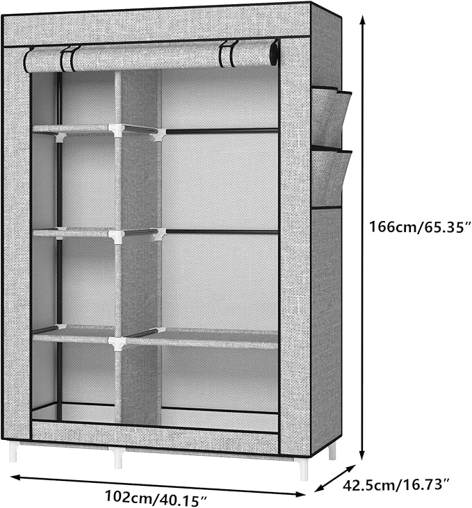 Calmootey Portable Closet Organizers, Clothing Storage, Wardrobe with 6 Shelves and Hanging Rod, Non-Woven Fabric Cover with 4 Side Pockets, Ash Grey