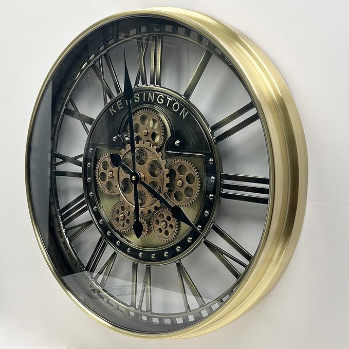 Real Moving Gears Wall Clock Large Modern Metal Clocks for Living Room Decor, Industrial Steampunk Unique Vintage Rustic Decorative Clock for Home Farmhouse Office, 27.6 Inch,Brass Gold Roman