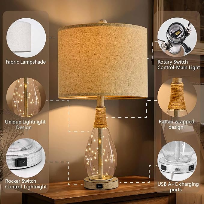 OYEARS 23" USB A+C Table Lamp for Bedroom Living Room Modern Bedside Lamps Retro Farmhouse Rattan Glass Nightstand Nightlight Lamps (White),Two Light Points