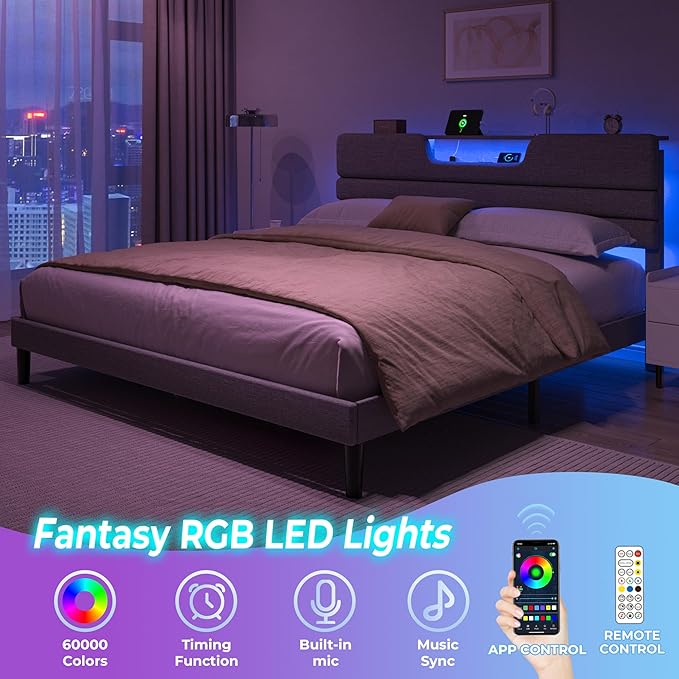 King Size Bed Frames with Upholstered Headboard, Modern Platform Bed with Charging Station and Led Lights, Bed Frame with Sturdy Wooden Slats/No Box Spring Needed/2-Tier Storage, Grey