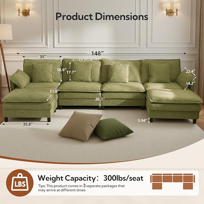 Claiks 148" Modular Sectional Sofa, Cloud Couch with Ottoman, U-Shaped 6-Seater Sofa in Chenille Fabric, Deep Seat Comfy Couch with Pillows for Living Room & Offices, Green
