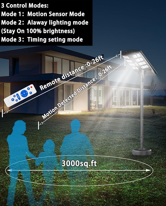 JAYNLT 6000W Solar Street Lights Outdoor with 78" Tall Pole, 3000K/4000K/6500K 400000LM Solar Floor Lamps Dusk to Dawn, IP68 Waterproof Solar Pole Lights with Motion Sensor for Yard, Patio, Camping