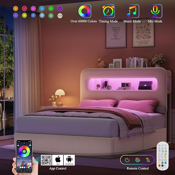 HOSTACK Queen LED Bed Frame with Storage Headboard and Charging Station, Kids Bed Frame with 4 Drawers and USB Ports, Velvet Upholstered Platform Bed Frame with Bookcase, No Box Spring Needed, Cream