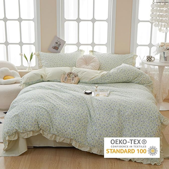 EAVD French Style Garden Floral Ruffled Comforter Set Full White Fluffy Soft Microfiber Chic Blue Floral Bedding Set with 2 Pillowcases Fresh Botanical Comforter Set for All-Season