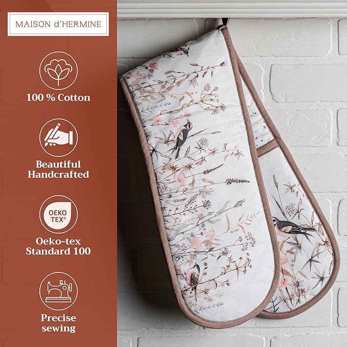 Maison d' Hermine Double Oven Mitts 100% Cotton 7"x35" Double Oven Mitt Heat Resistant BBQ Cooking Gloves with Loop, Baking, Grilling, Kitchen, Handling Hot Pans Spring Summer (Meadow Florals - Brown)