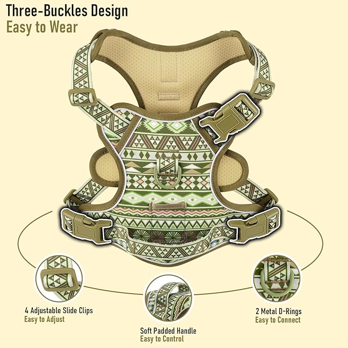 Light Dog Harness for Small Dog Breeds, No-Pull Pet Harness with 2 Leash Clips, Adjustable Soft Padded Dog Vest, Reflective No-Choke Pet Oxford Vest, Puggle, Terriers, Beagle, Green Ethnic, Small