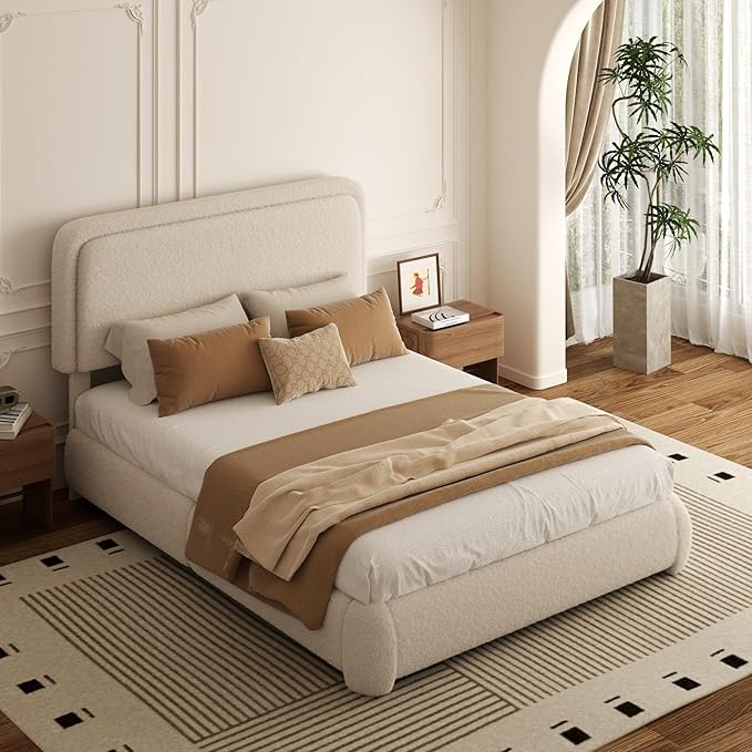 Full Bed Frame, Teddy Velvet Boucle Bed Frame with 43.3"/45.3" Adjustable Upholstered Headboard, Rounded Corners, Mattress Foundation, No Box Spring Required, Beige