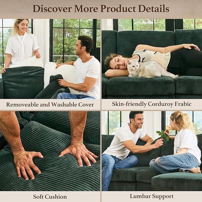 114.2" Modular Sectional Sofa with Deep Storage Seat,U Shaped Sectional Sofa Couch Convertible 6 Seater Corduroy Couch with Movable Ottoman,Upholstered Sectional Couches for Living Room,Green