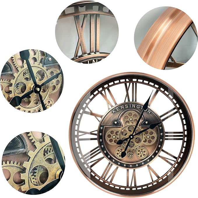 Real Moving Gears Wall Clock Large Modern Metal Clocks for Living Room Decor, Industrial Steampunk Unique Vintage Rustic Decorative Clock for Home Farmhouse Office, 27.6 Inch,Red Copper Roman