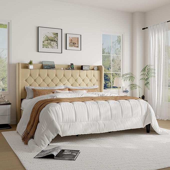 SHA CERLIN King Size Platform Bed Frame with Charging Station, Velvet Wingback Headboard with Storage Shelf, Wooden Slats Support, Ample Under-Bed Space, No Box Spring Needed, Easy Assembly, Beige