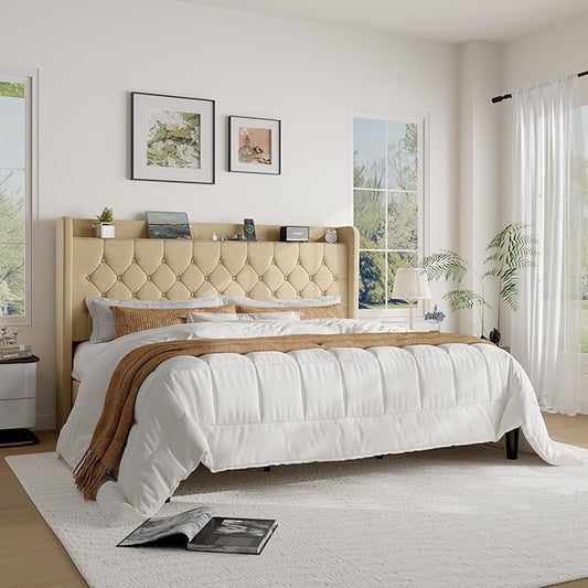 SHA CERLIN King Size Platform Bed Frame with Charging Station, Velvet Wingback Headboard with Storage Shelf, Wooden Slats Support, Ample Under-Bed Space, No Box Spring Needed, Easy Assembly, Beige