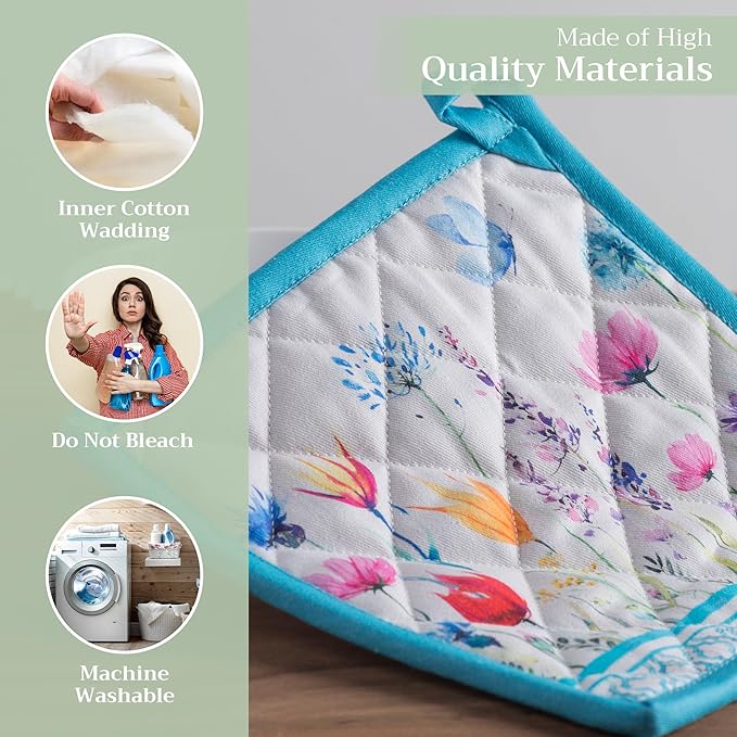 Maison d' Hermine Pot Holders 100% Cotton Heat Resistant Potholders 8" x 8" Hot Pads with Loop BBQ, Cooking, Baking, Grilling, Kitchen, Handling Hot Pans Spring/Summer (Pack of 1, Flower In The Field)