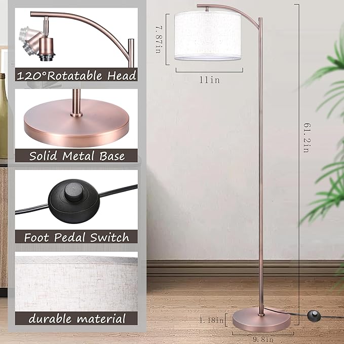 Floor Lamp for Living Room, Standing Lamp, Floor Lamp with Linen Lampshade for Home Décor, Office, Bedroom (Bulb Included) (Rose Gold)